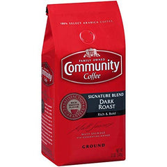 Close-up of Community Coffee Signature Blend Dark Roast label on premium packaging