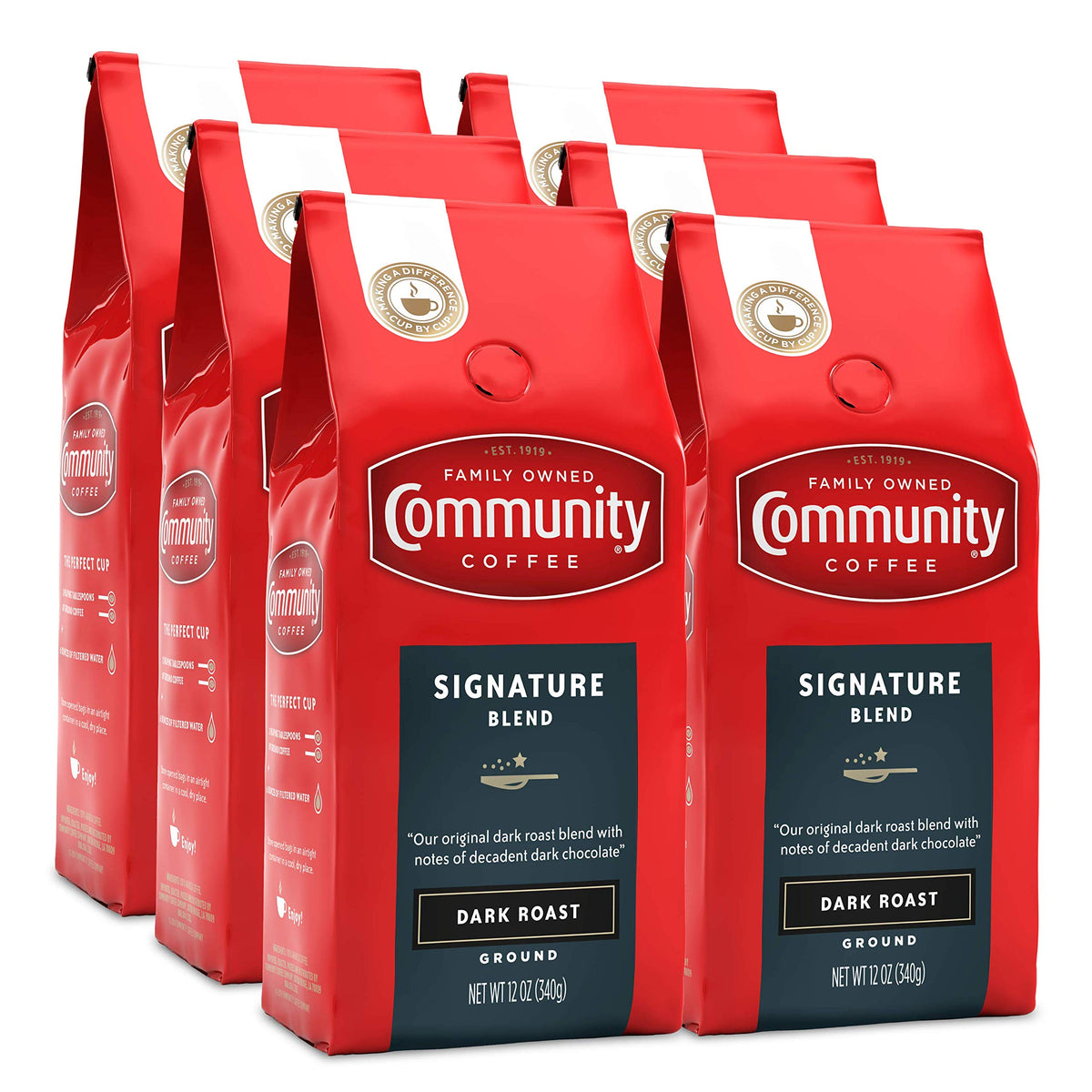 Community Coffee Signature Blend Dark Roast pack of six bags for home brewing.