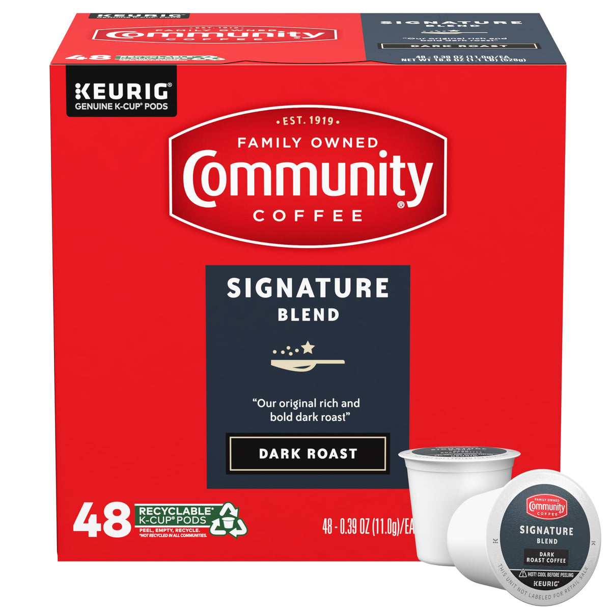 Community Coffee Signature Blend Dark Roast pack showing rich aroma and sturdy packaging
