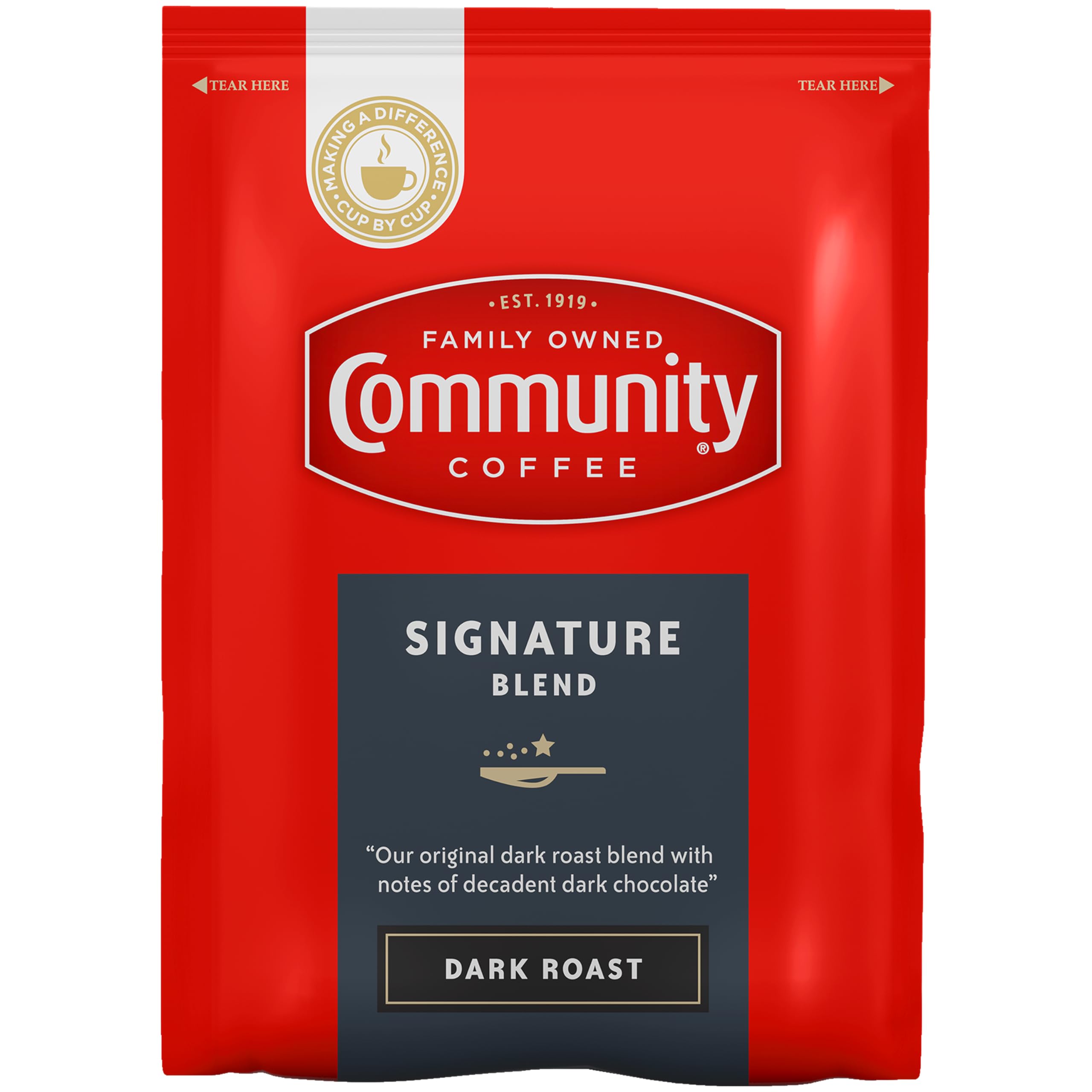 Community Coffee Signature Blend dark roast packets ready for easy single-pot brewing