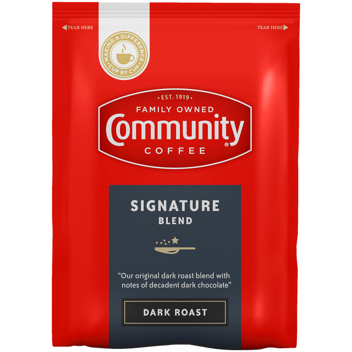 Community Coffee Signature Blend dark roast packets ready for easy single-pot brewing