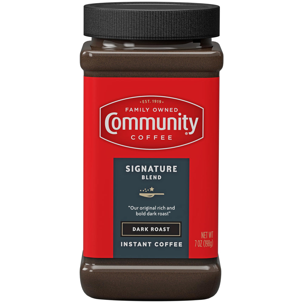 Community Coffee Signature Blend instant dark roast jar for quick mornings.
