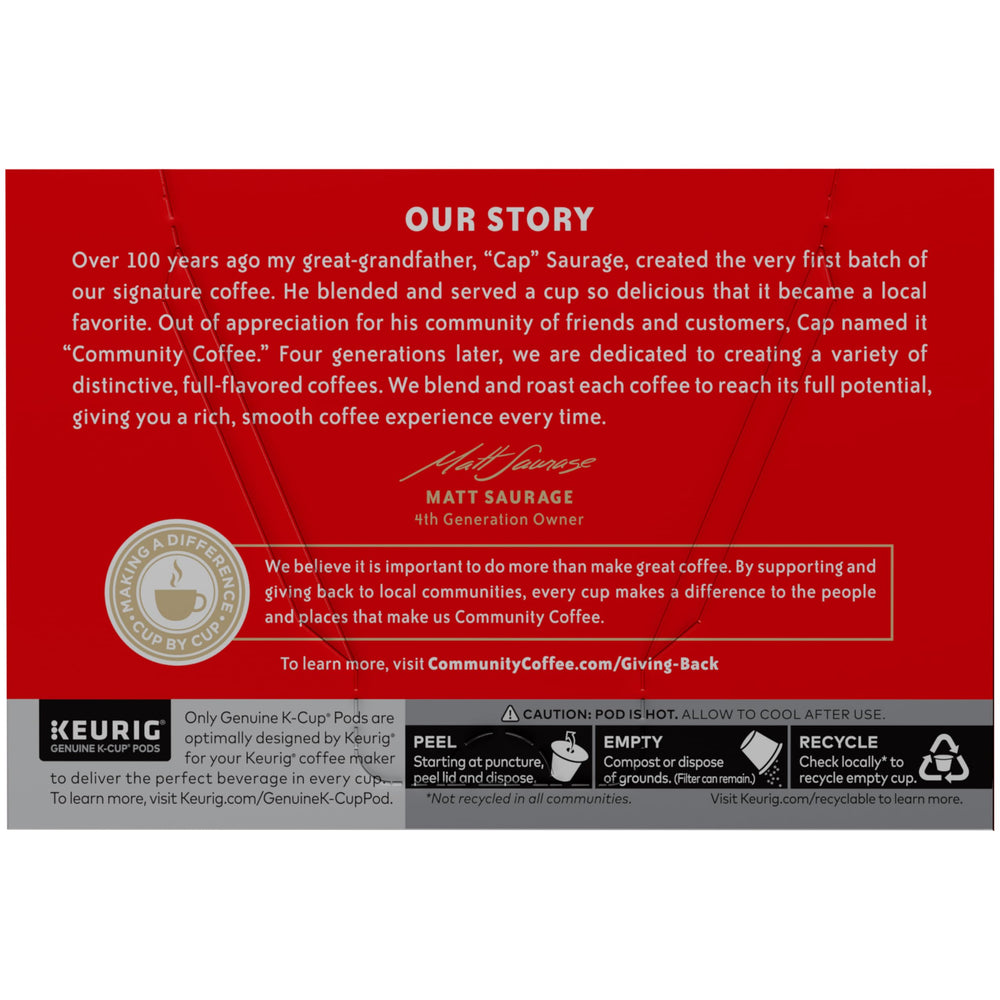 Keurig-compatible Community Coffee Signature Blend pod on a kitchen counter for quick brews.