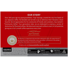 Keurig-compatible Community Coffee Signature Blend pod on a kitchen counter for quick brews.