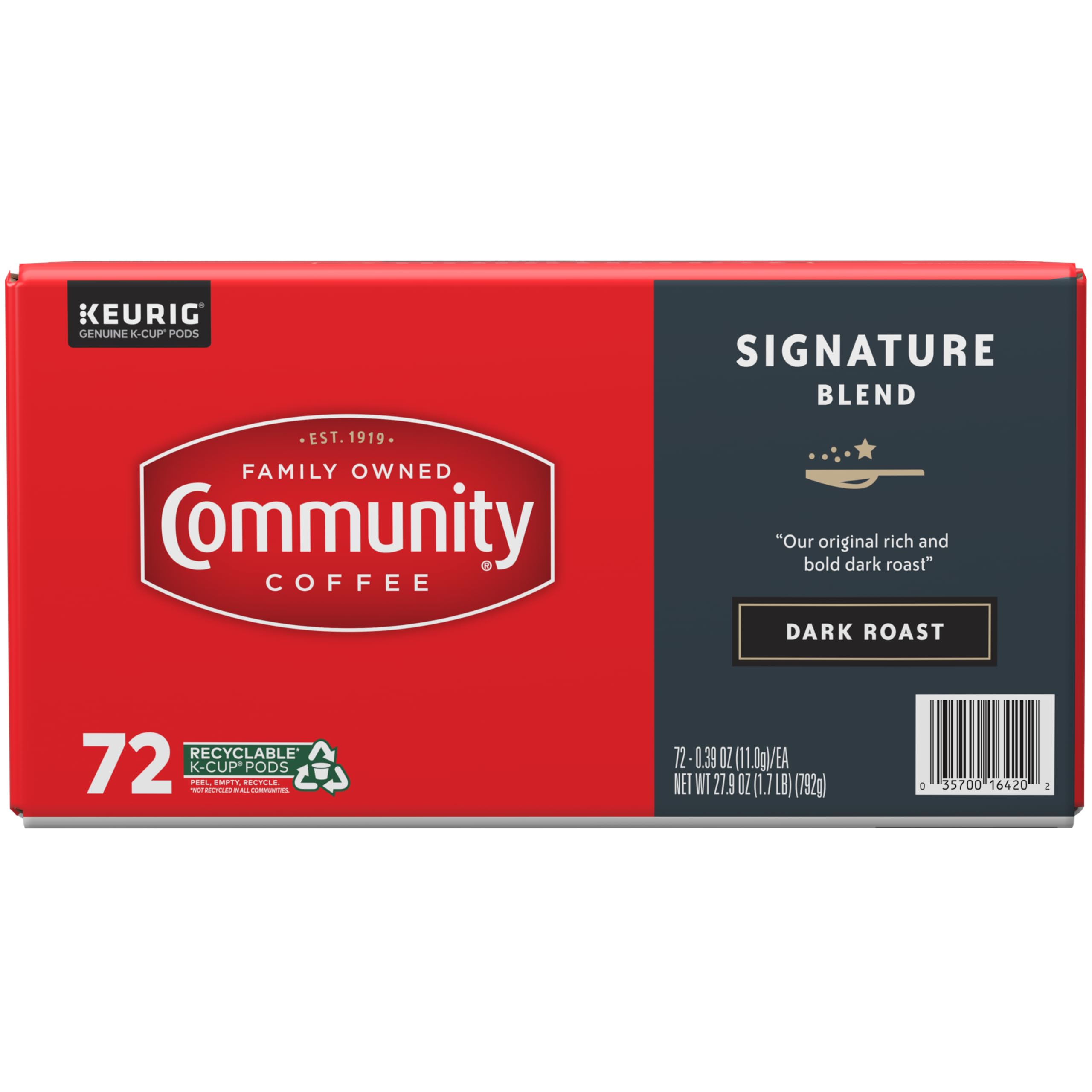 Community Coffee Signature Blend packaging box highlighting heritage and trust