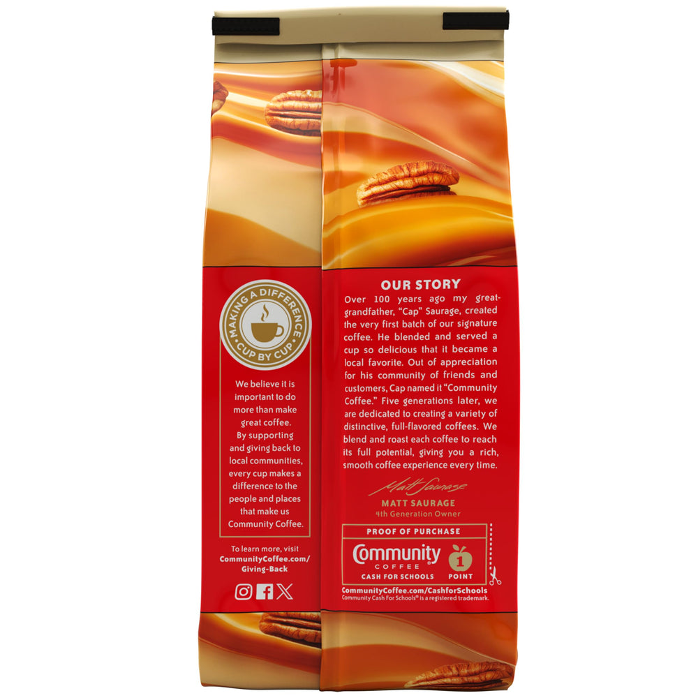 Close-up of Community Coffee Southern Pecan Praline label highlighting aroma notes