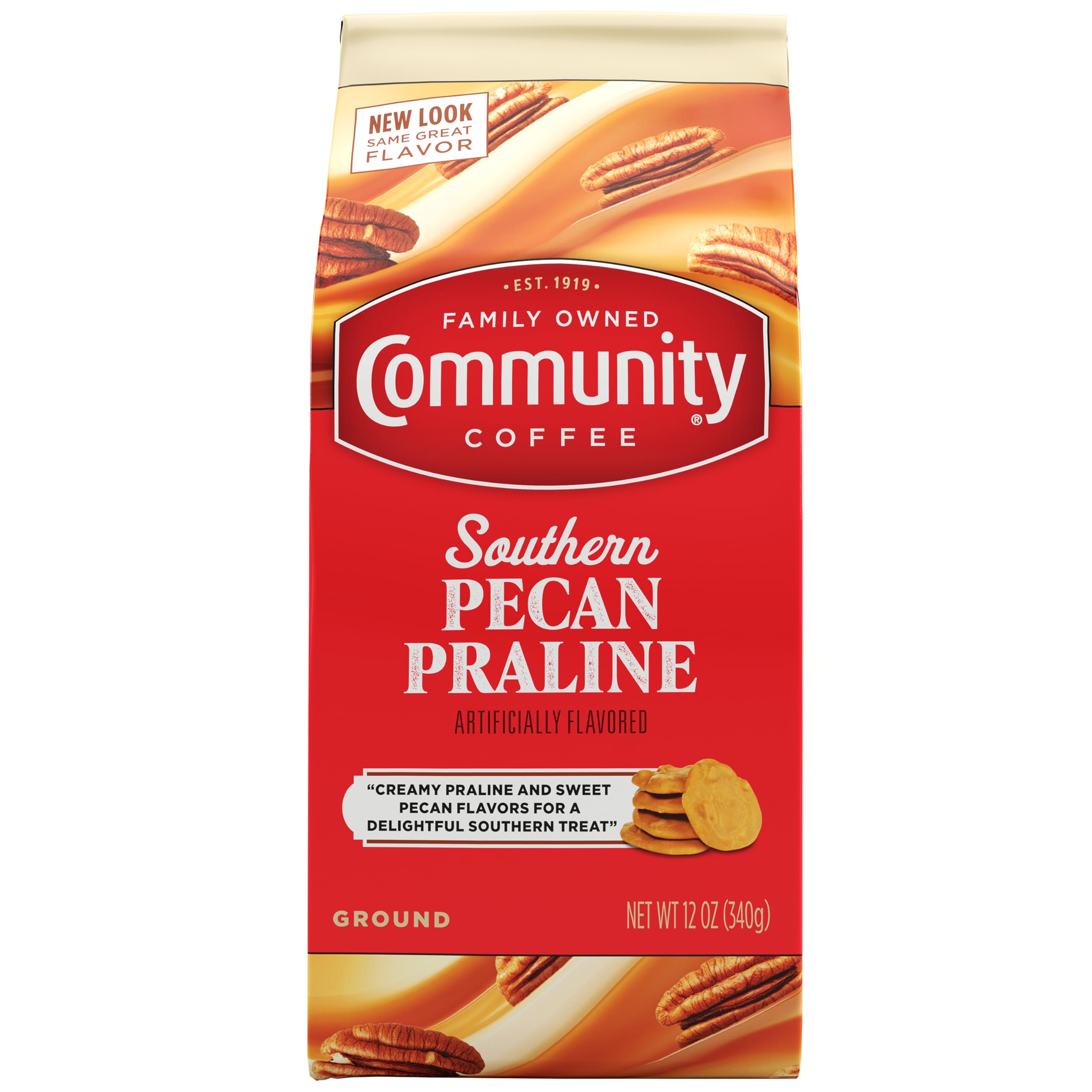 Community Coffee Southern Pecan Praline ground coffee in 12 oz bag, ideal for daily drip