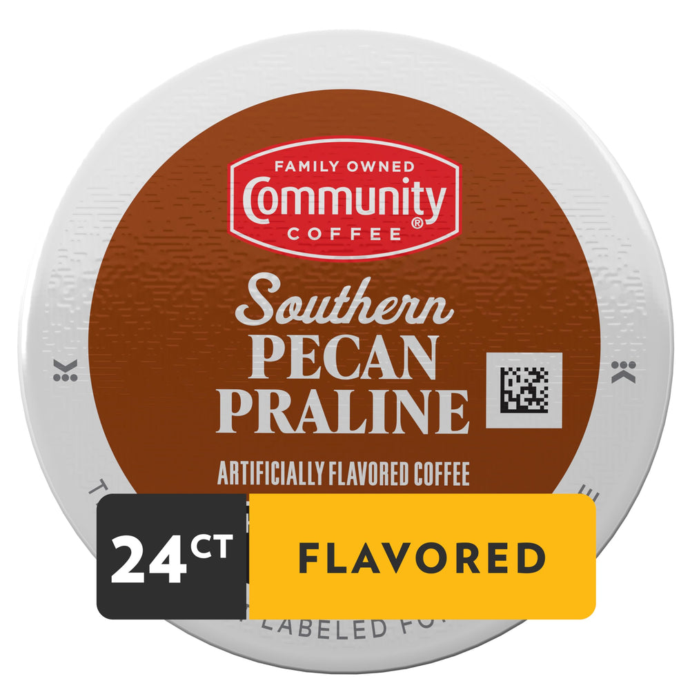 Community Coffee Southern Pecan Praline packaging box highlights quick, convenient single-serve pods.