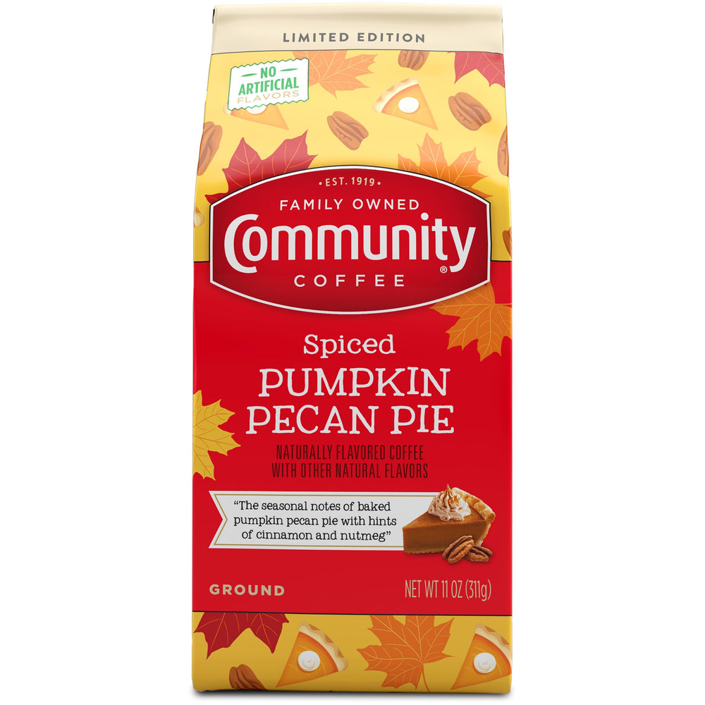 Community Coffee Spiced Pumpkin Pecan Pie ground bag with festive aroma for autumn mornings