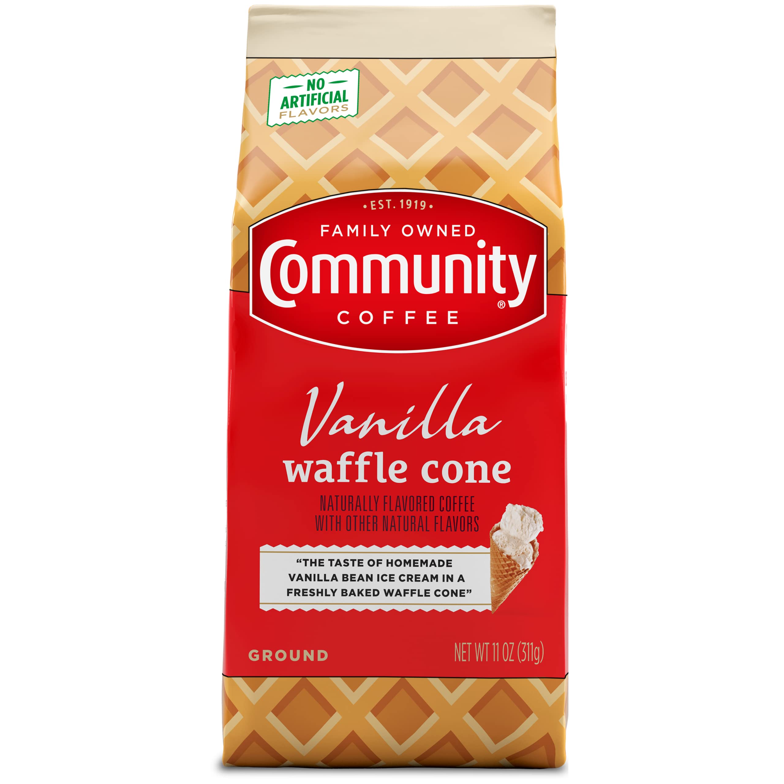 Community Coffee Vanilla Waffle Cone ground coffee with vanilla aroma for drip or pour-over