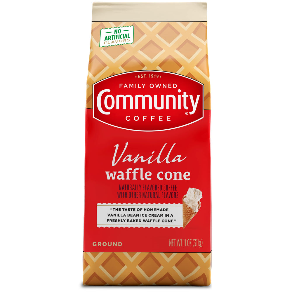 Community Coffee Vanilla Waffle Cone ground coffee with vanilla aroma for drip or pour-over