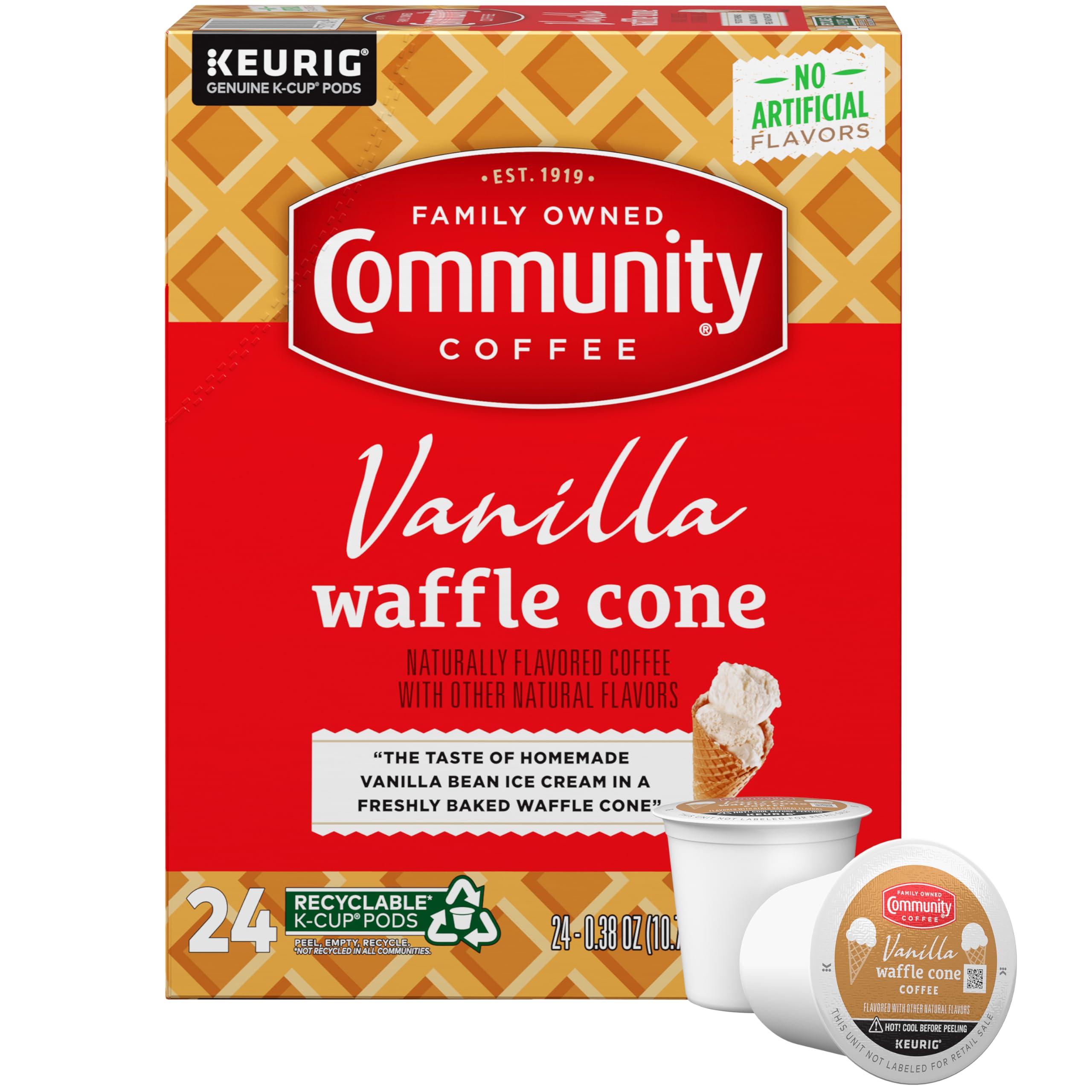 Community Coffee Vanilla Waffle Cone pod ready for a quick Keurig brew.