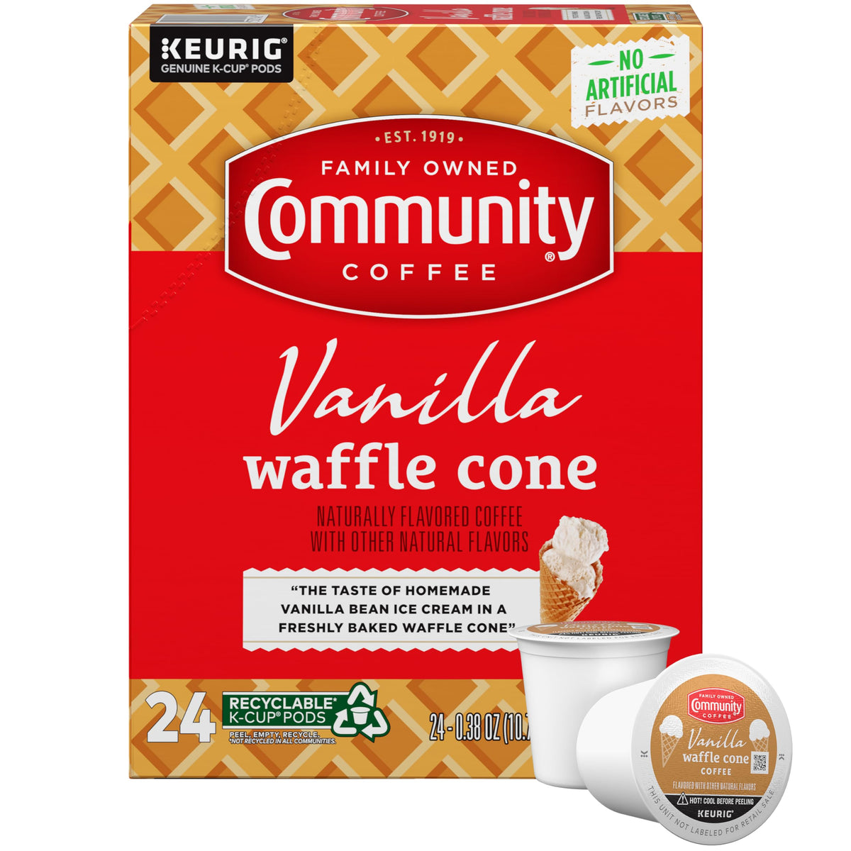 Community Coffee Vanilla Waffle Cone pod ready for a quick Keurig brew.