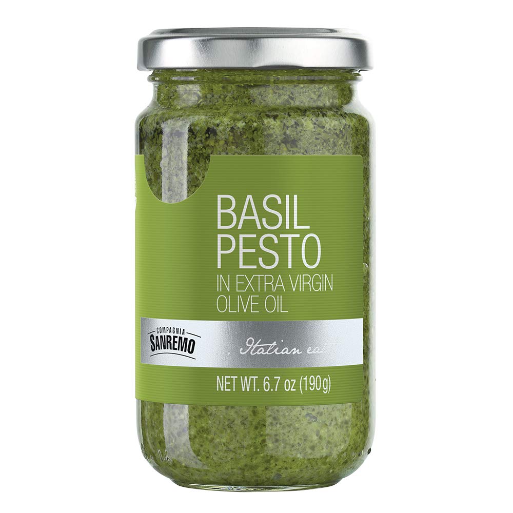 Compagnia Sanremo Pesto DOP Basil jar close-up showing Genovese basil aroma for authentic pasta flavor