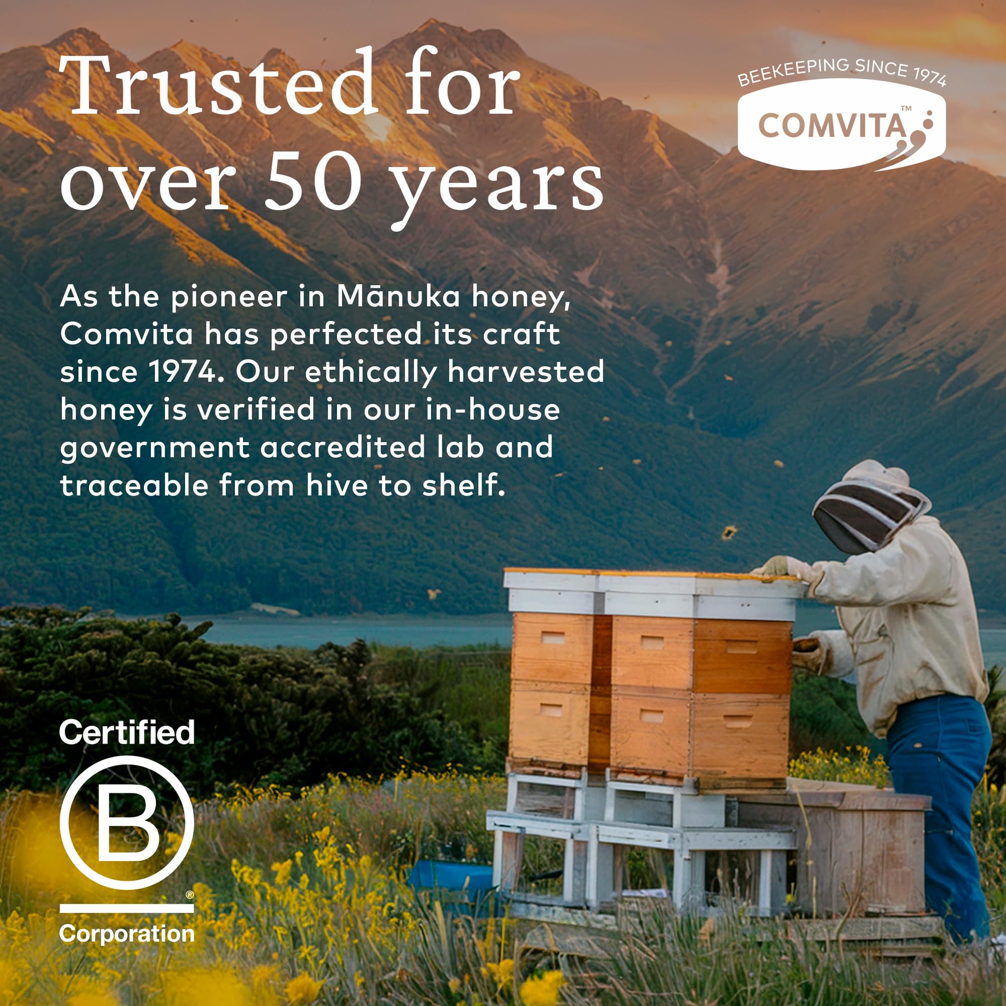 COMVITA Manuka Honey UMF 10+ displayed alongside a forest hive.