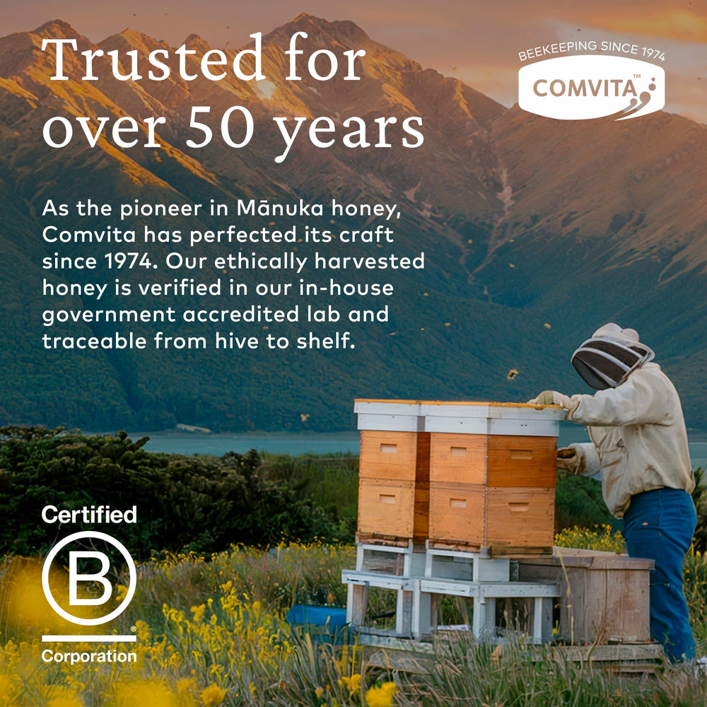 COMVITA Manuka Honey UMF 10+ displayed alongside a forest hive.