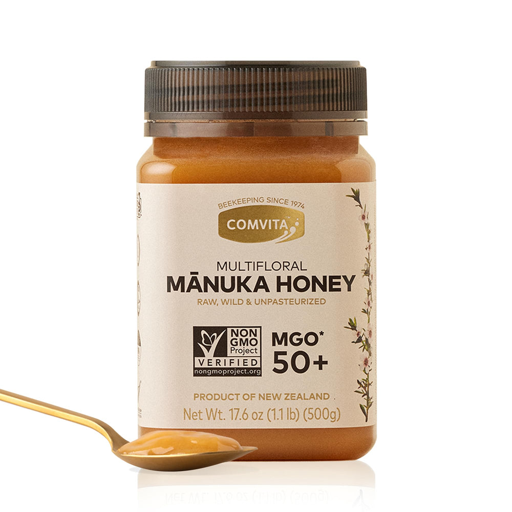 Comvita Manuka Honey MGO 50+ jar—raw, pure honey from New Zealand forests.