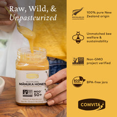 Comvita Manuka Honey MGO 50+ spoon—ideal for a quick energy boost.