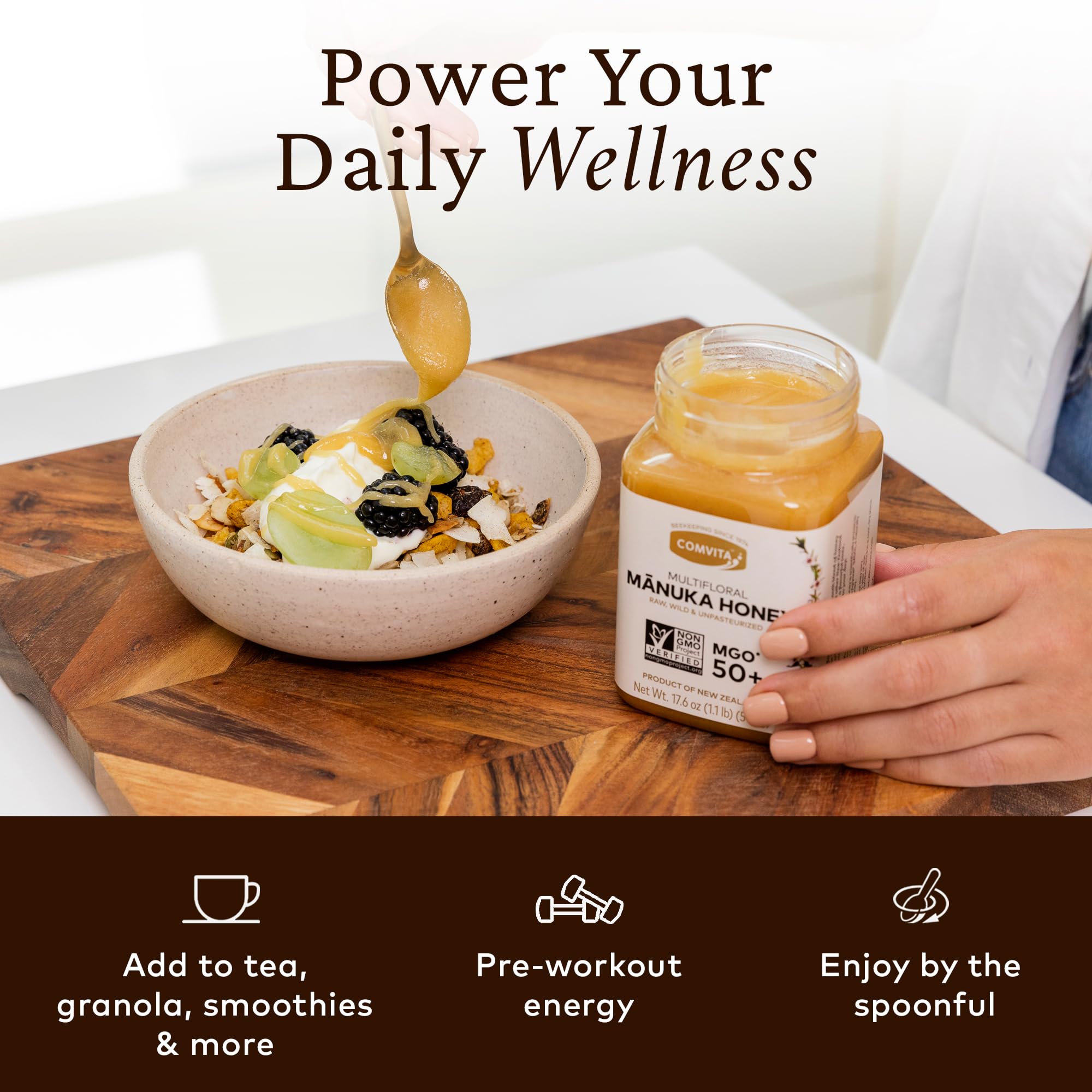 Comvita Manuka Honey MGO 50+ yogurt—drizzle for subtle floral flavor.