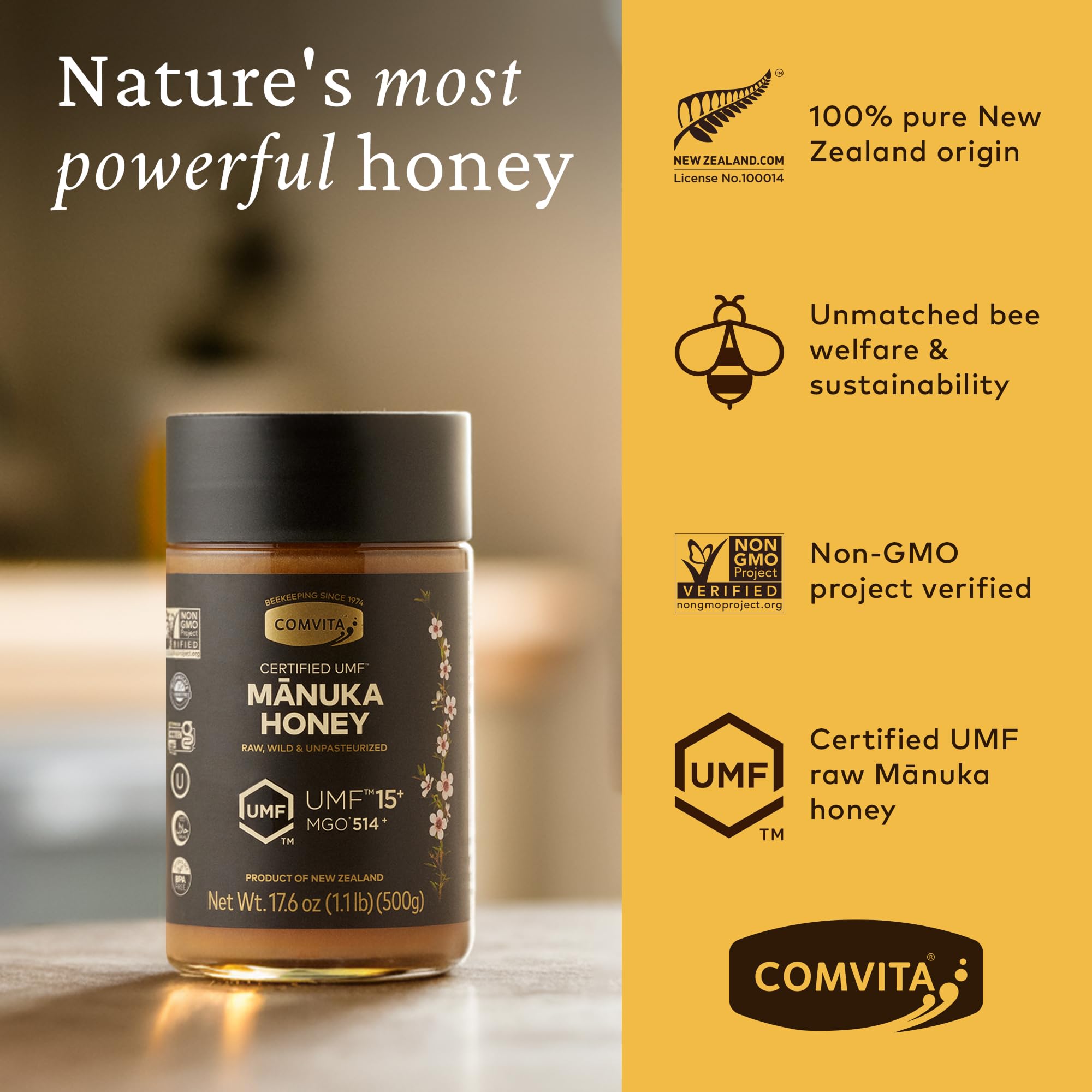 Comvita Manuka Honey being poured over tea for flavor boost.