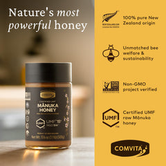 Comvita Manuka Honey being poured over tea for flavor boost.