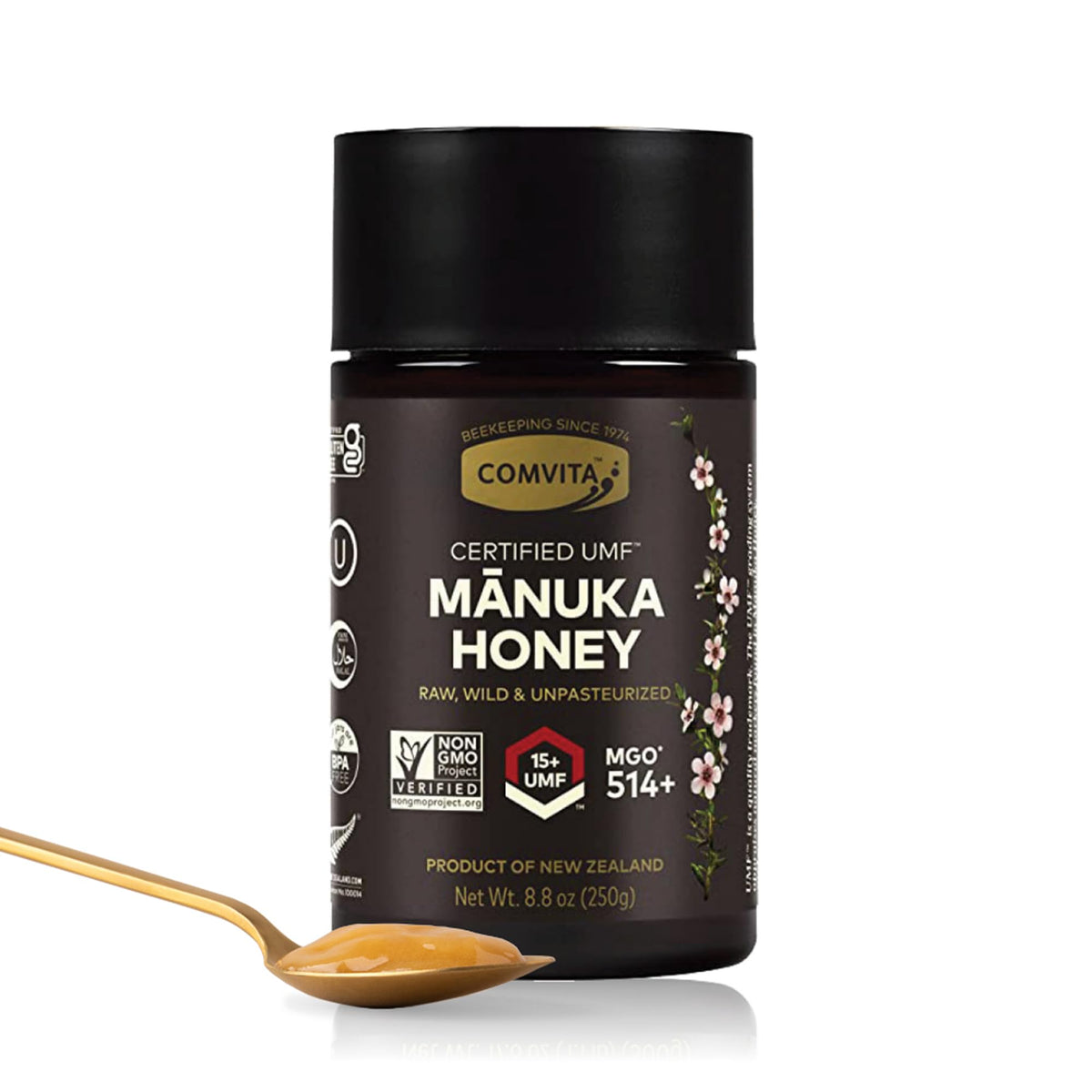 Comvita Manuka Honey UMF 15+ bottle, ideal for tea rituals