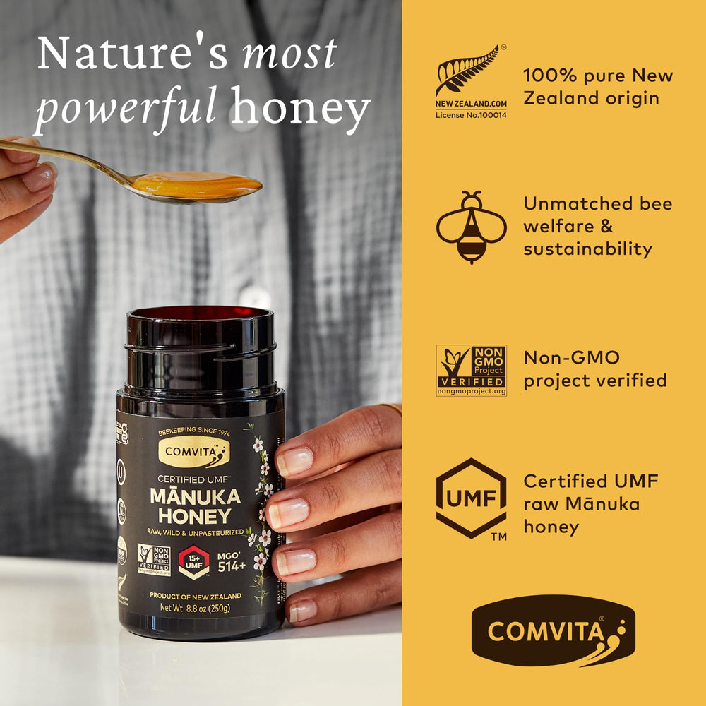 Drizzle shot of Comvita UMF 15+ honey for morning spoonfuls