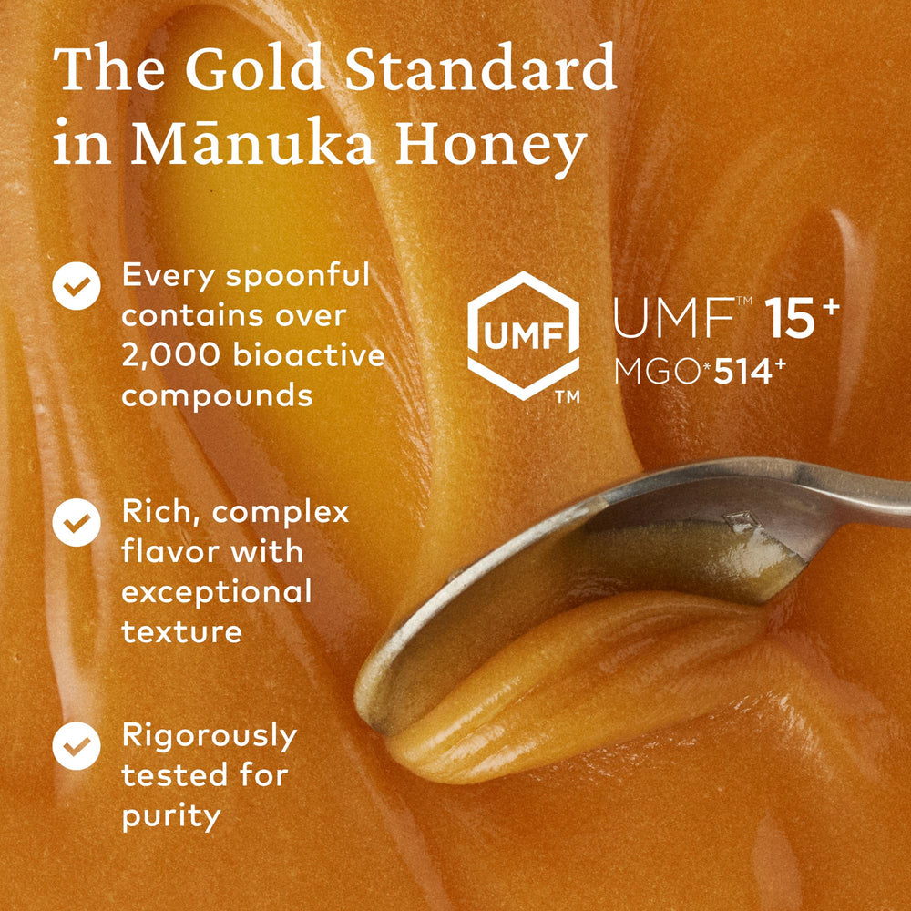 Close-up of Comvita Manuka Honey UMF 15+ label showing purity