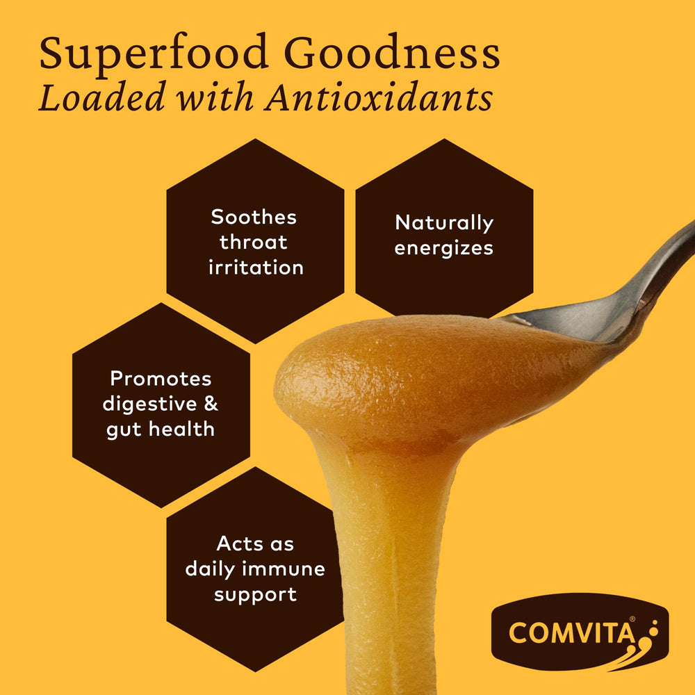 Spoonful of Comvita UMF 15+ honey on yogurt for a creamy breakfast