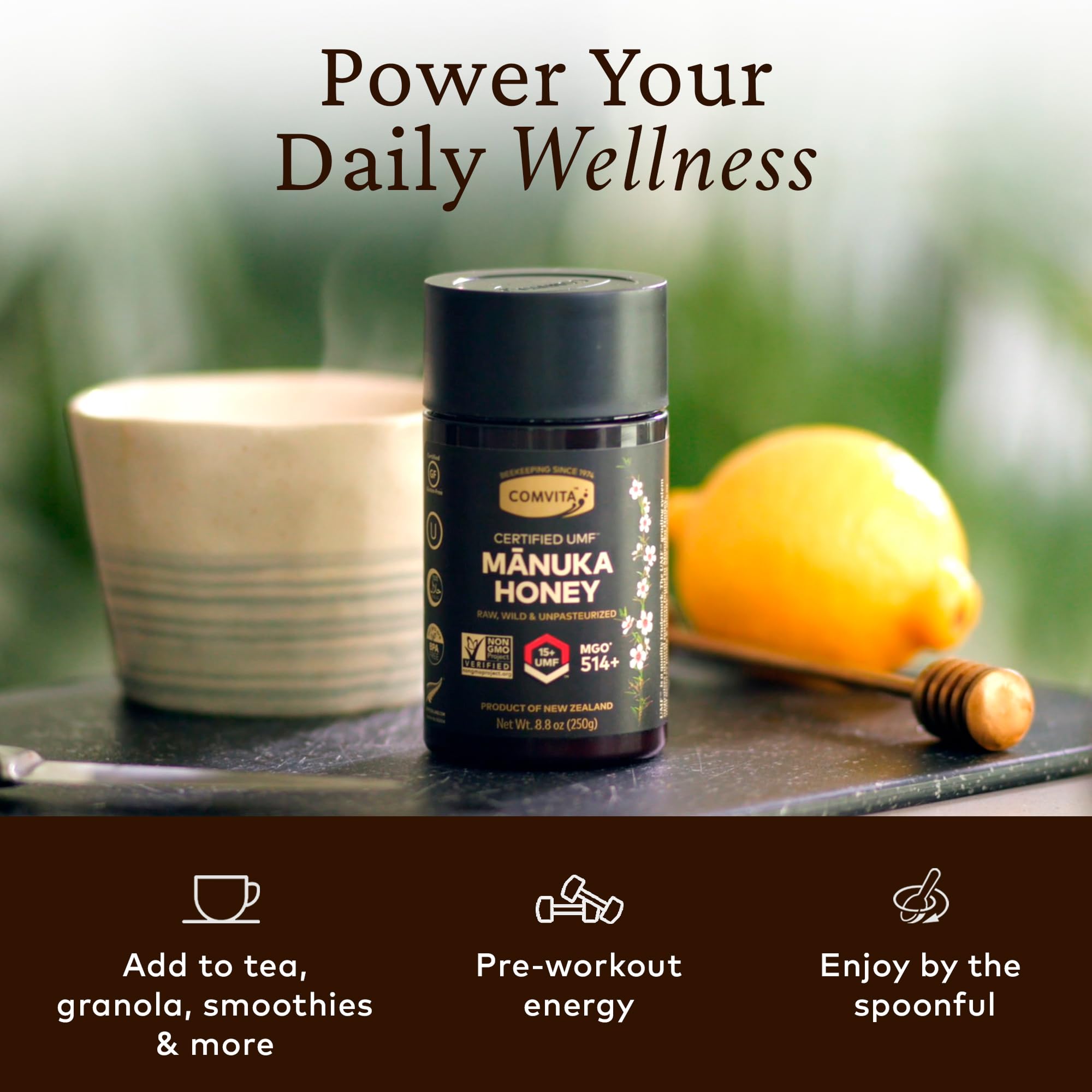 Pouring Comvita Manuka Honey UMF 15+ into tea for sweet warmth