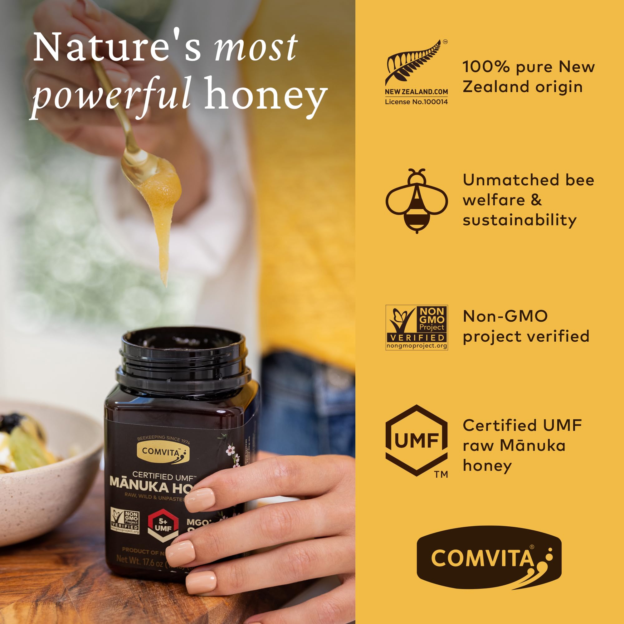 Comvita Manuka Honey UMF5 spoon, ready for a quick energy boost.