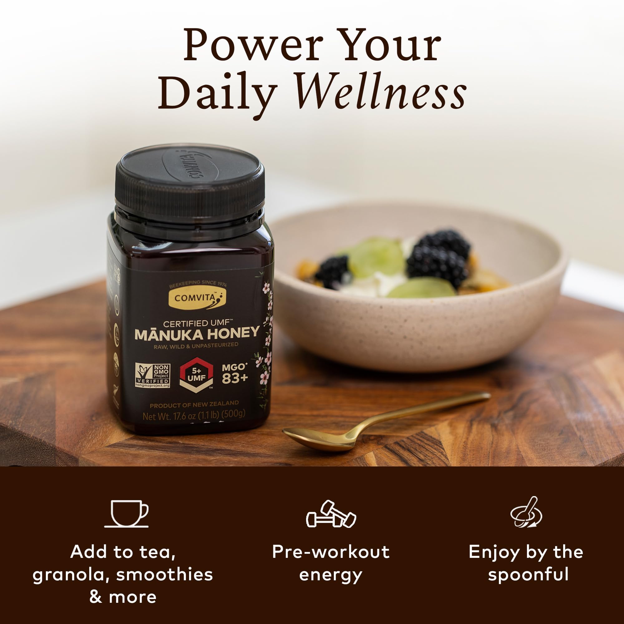 Comvita Manuka Honey UMF5 yogurt-topping, pairs with breakfast for a smooth taste.