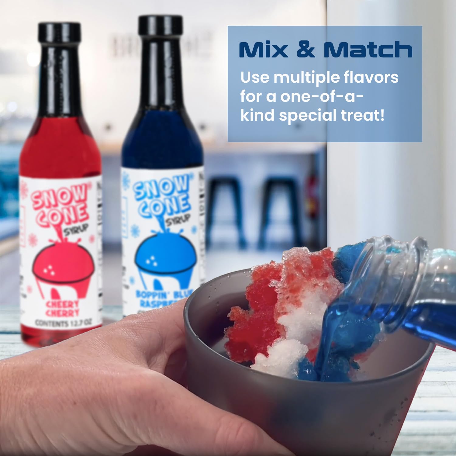 Concession Express Cherry syrup bottle ready to top shaved ice with bright flavor.