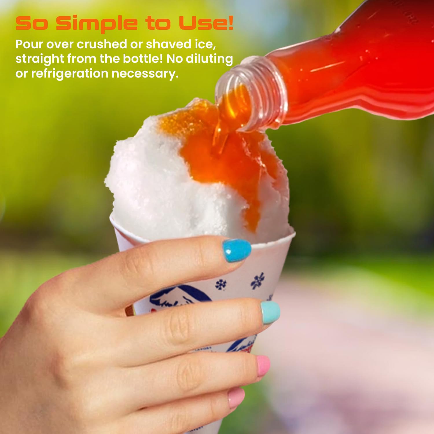 Concession Express Grape syrup pour to enhance frozen dessert with bold color.