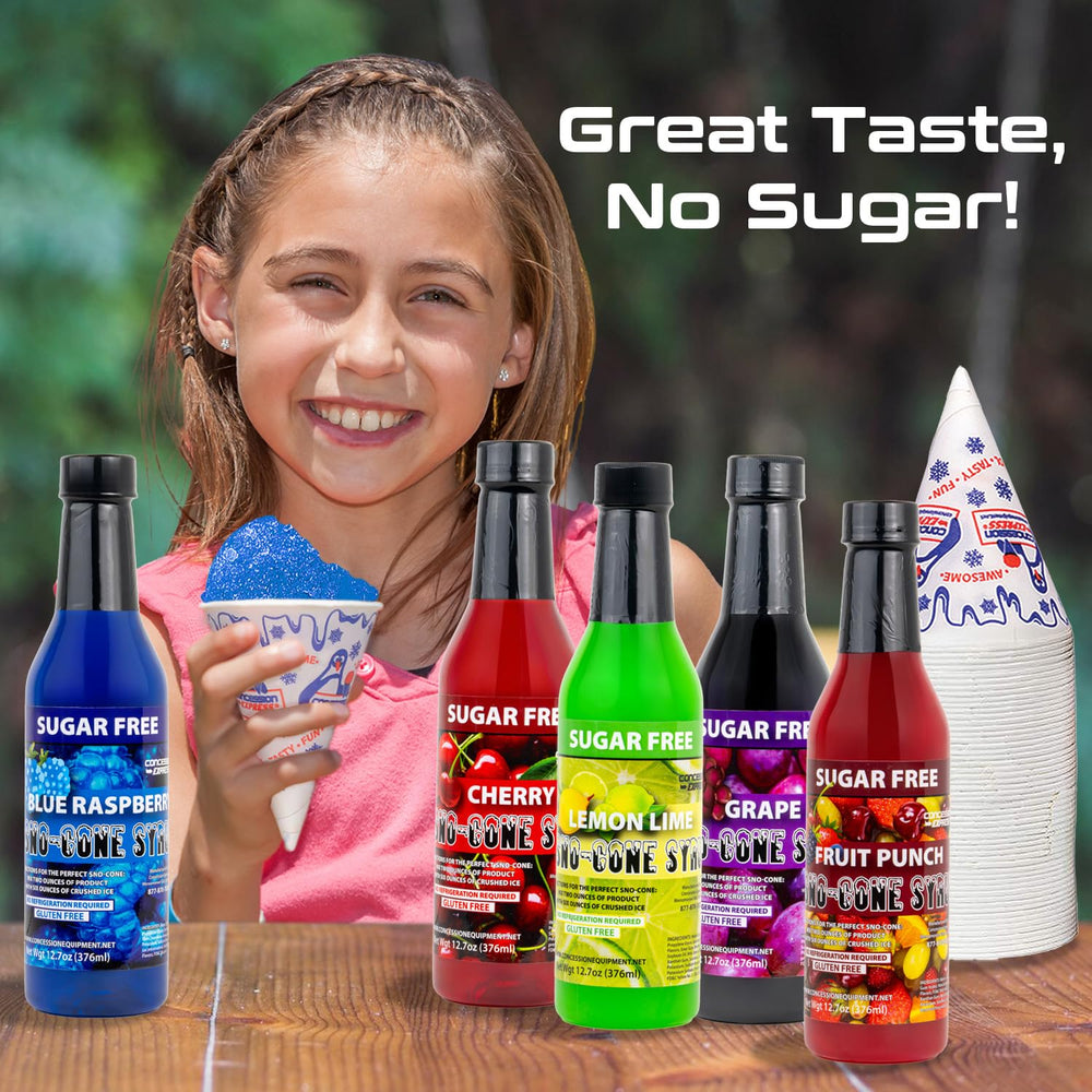 Concession Express cherry syrup enhances shaved ice with bold cherry flavor.