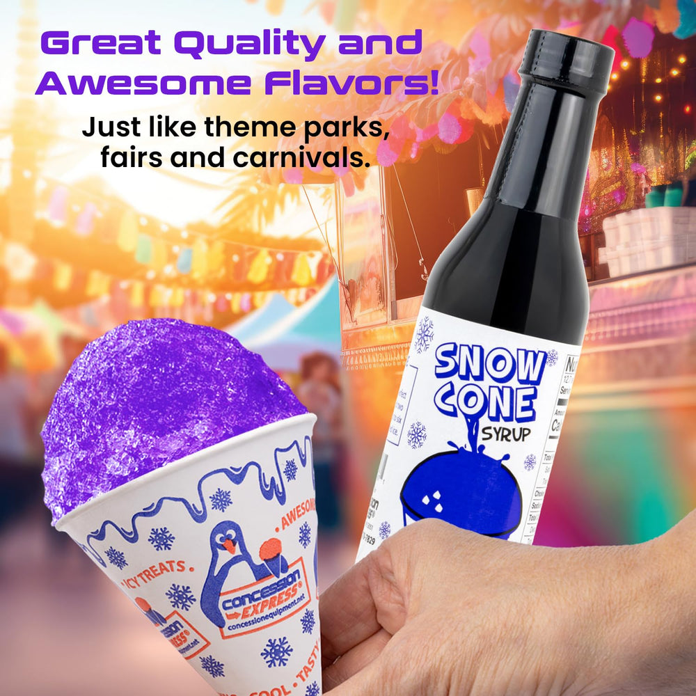 Concession Express grape snow cone syrup adds bold color and flavor to shaved ice