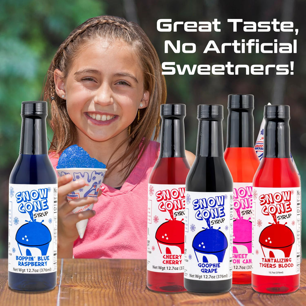 Concession Express 4-pack sno-cone syrups on display, ready for quick serving.
