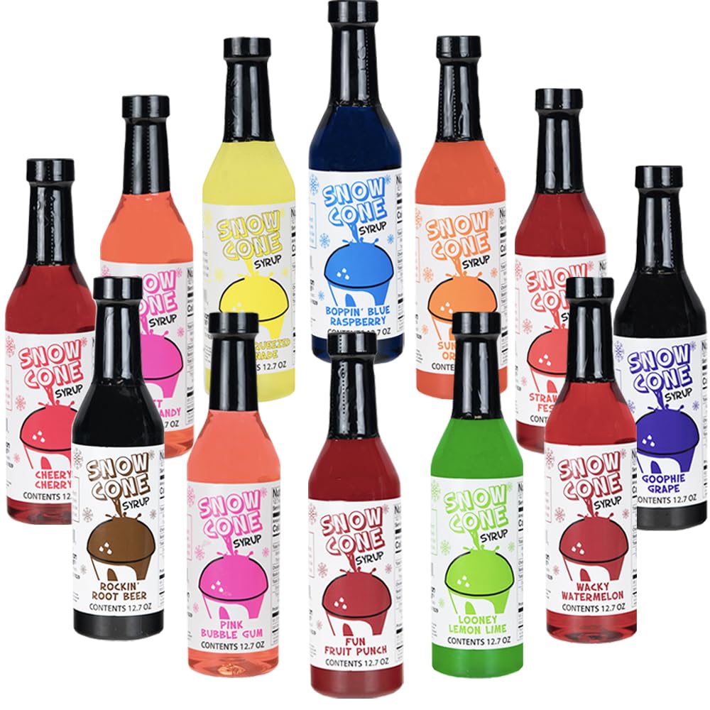 Concession Express snow cone syrups 12-pack assorted flavors, ready-to-use for perfect shaved ice.