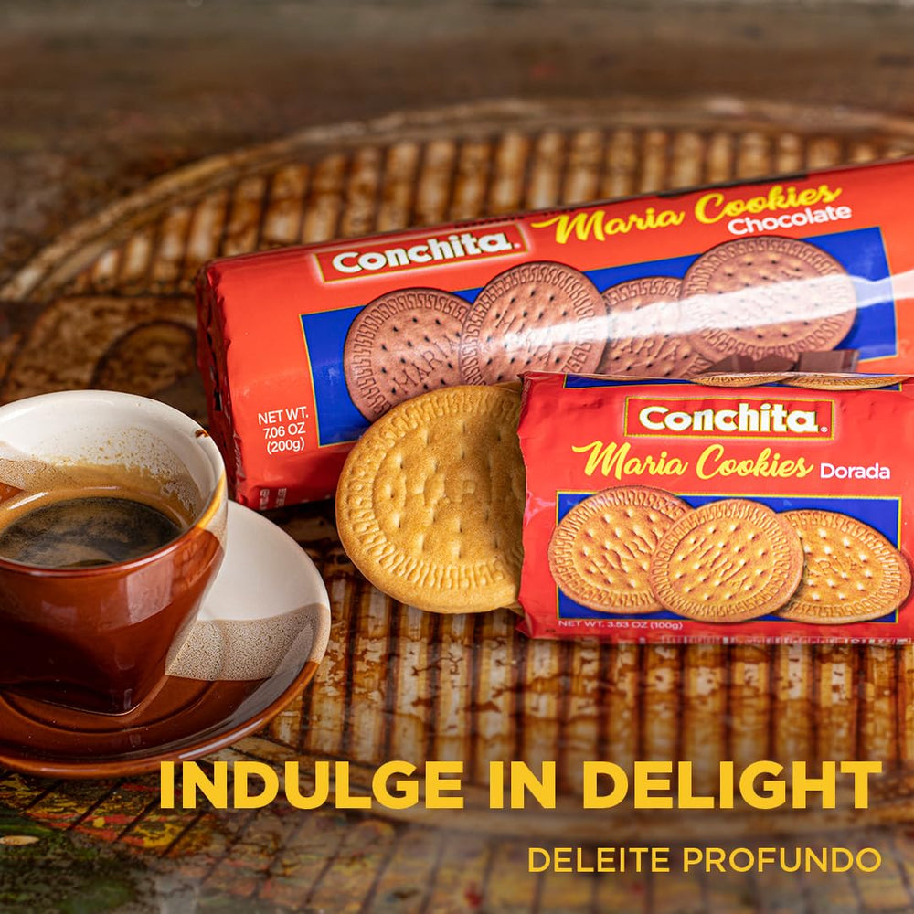 Conchita Chocolate Maria Cookies close-up highlights their unique crisp texture and cocoa flavor.