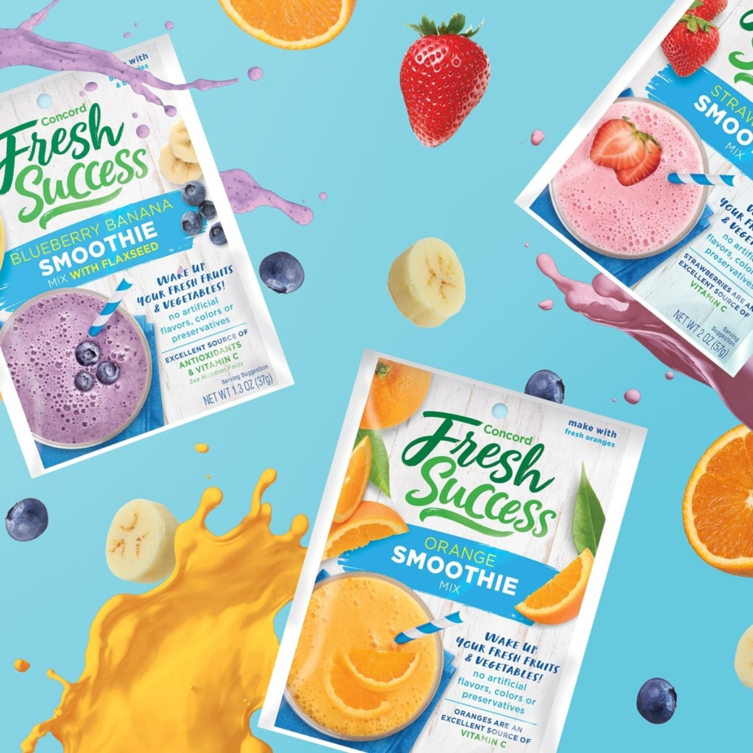 Concord Foods smoothie pouring into glass shows quick, easy preparation