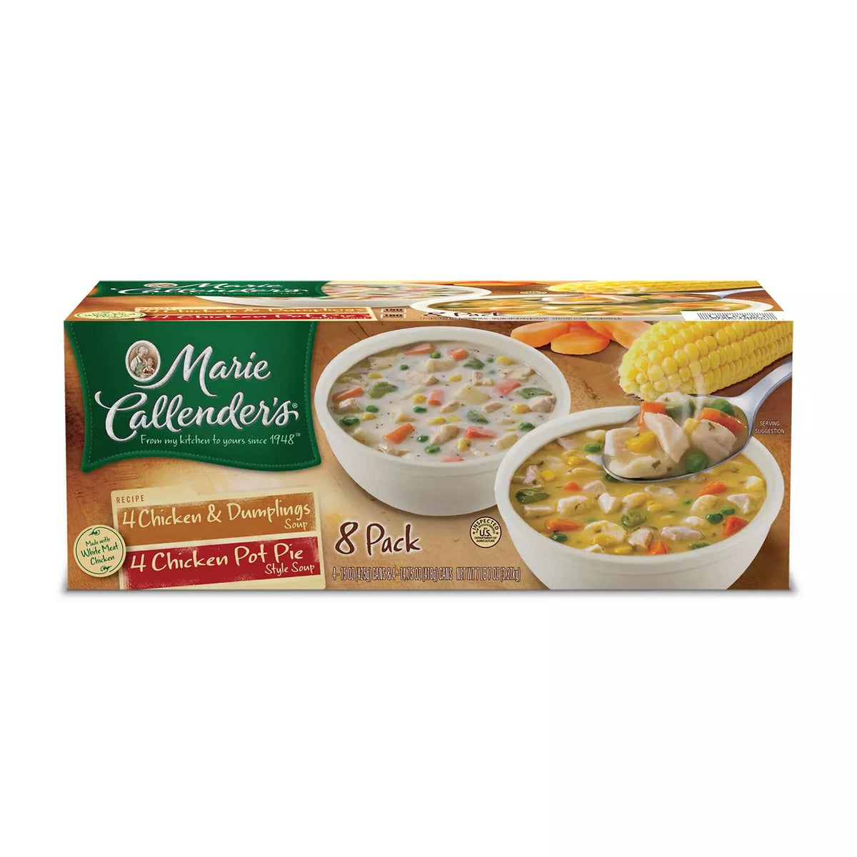 Concord Import Marie Callender Chicken Variety Soup front packaging showing eight-pack box