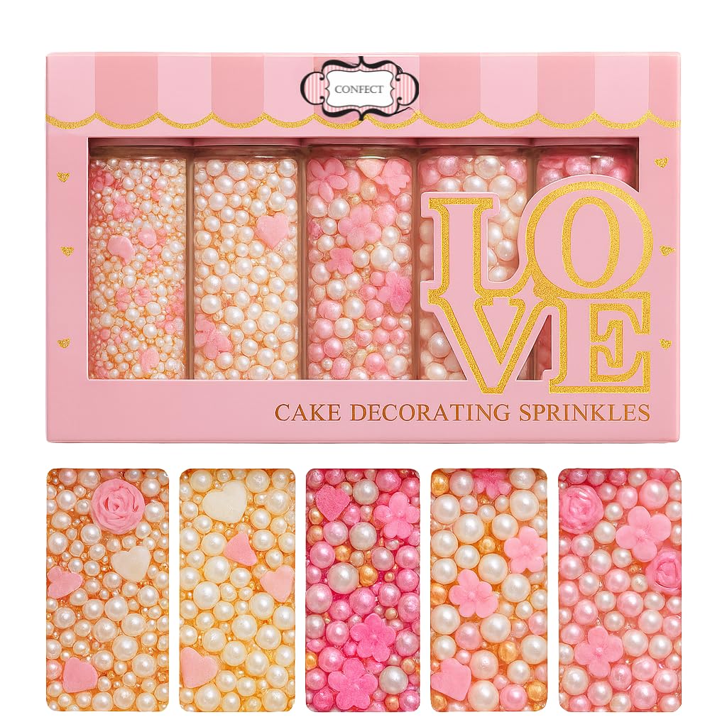 Confect pink mini roses sprinkles with silver hearts on a cake for elegant decoration