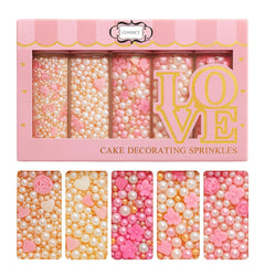 Confect pink mini roses sprinkles with silver hearts on a cake for elegant decoration