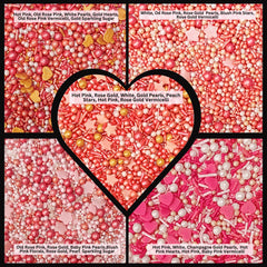 Confect pink sprinkles close-up showing heart shapes for celebrations.