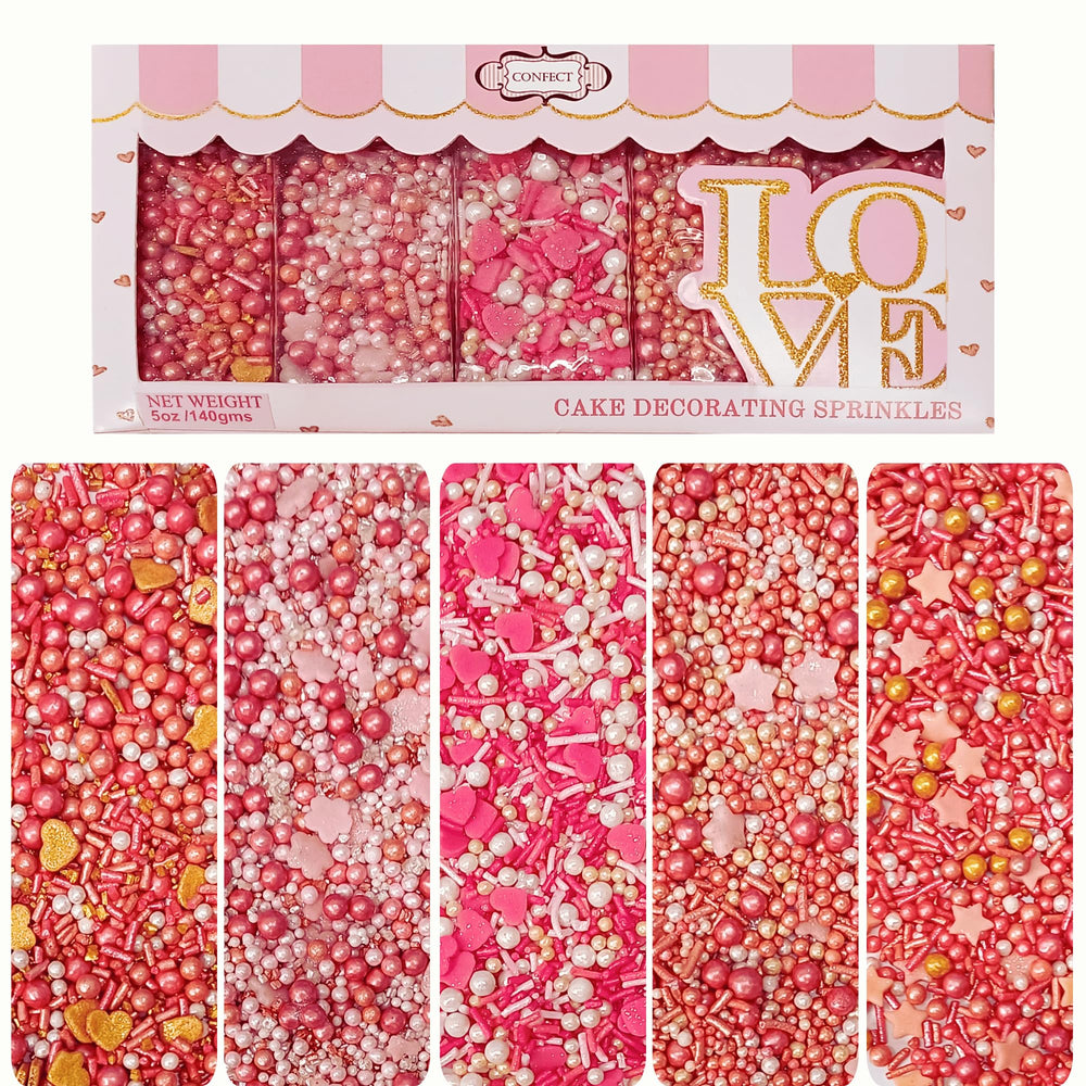 Confect pink-white-gold heart and flower sprinkles pack enhances cakes with festive color.