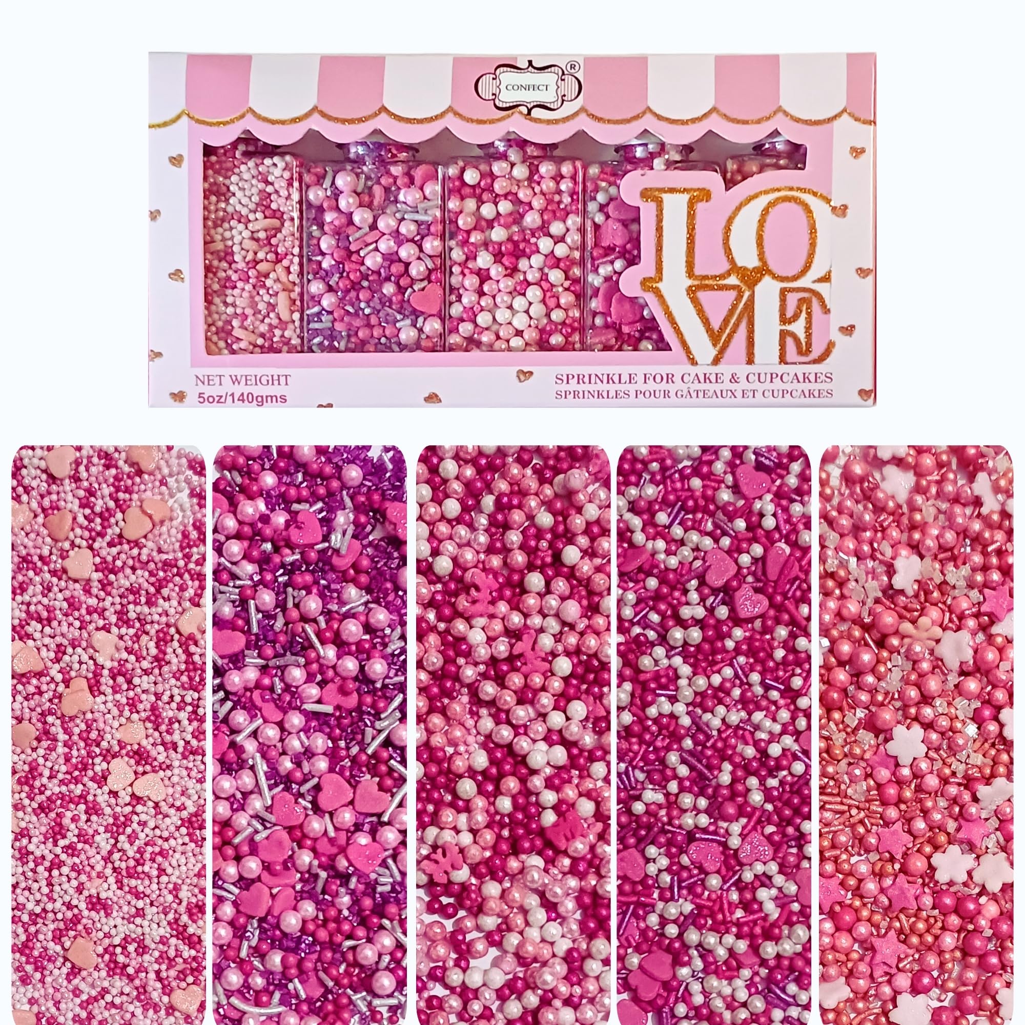 Confect Pretty in Pink & White Pearl sprinkles with hearts and stars for cakes, edible decoration.
