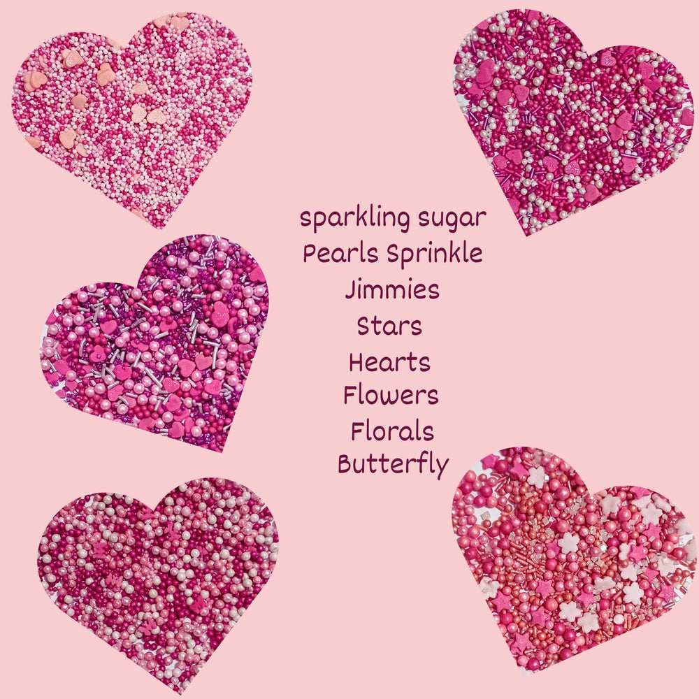 Confect Pretty in Pink & White Pearl sprinkles scattered on a cake.