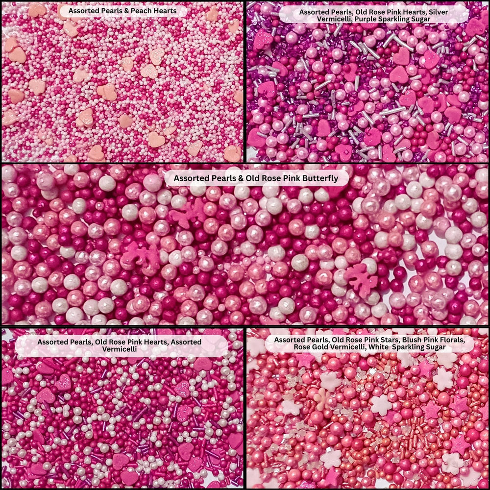 Confect Pretty in Pink & White Pearl sprinkles with hearts and stars for cupcakes, edible accents.