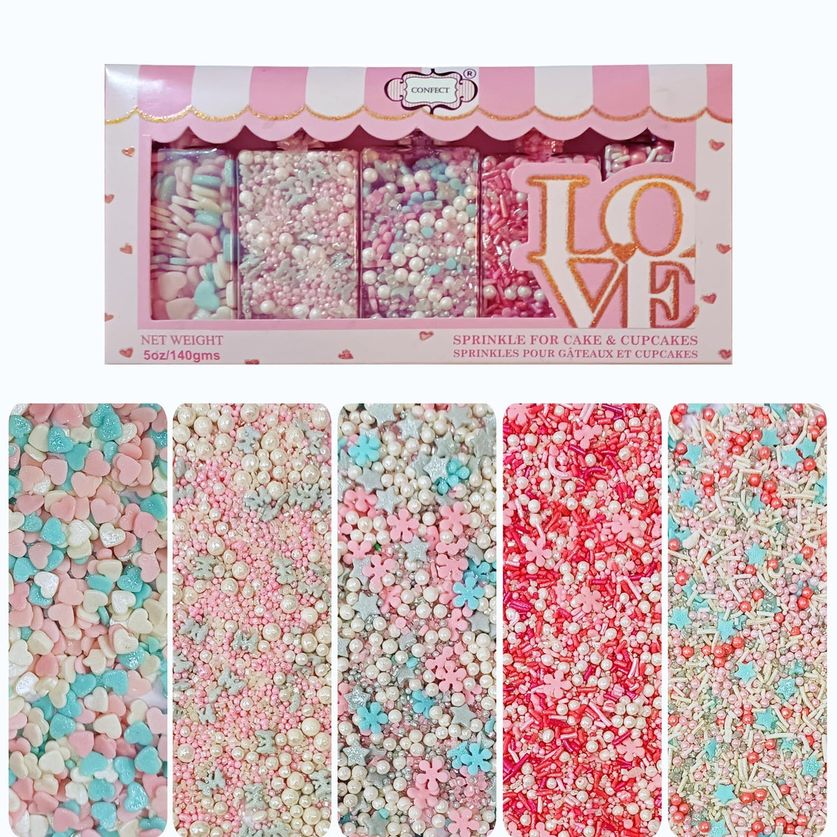 Confect Sprinkles frozen fantasy heart cake idea—vivid aqua blue, pink, and silver accents for decorating.