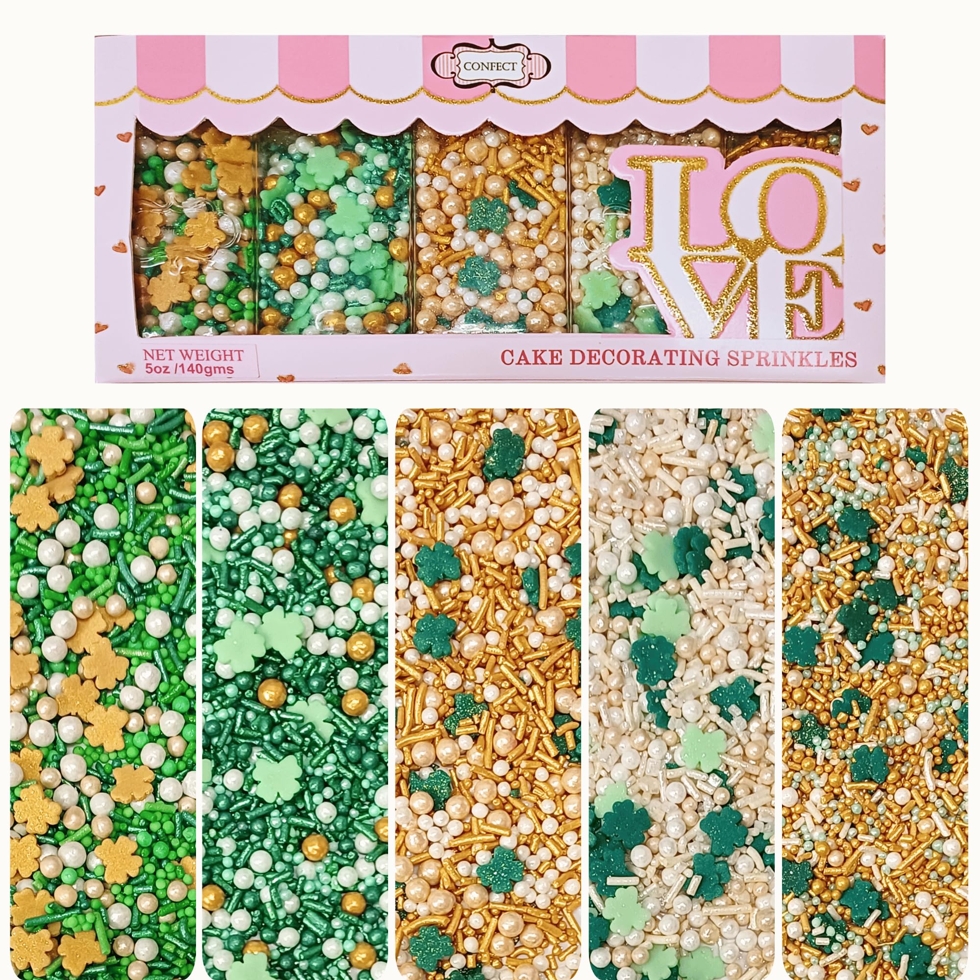 Confect Sprinkles Mix Pack 5-oz green, gold, white for festive cake decorating.